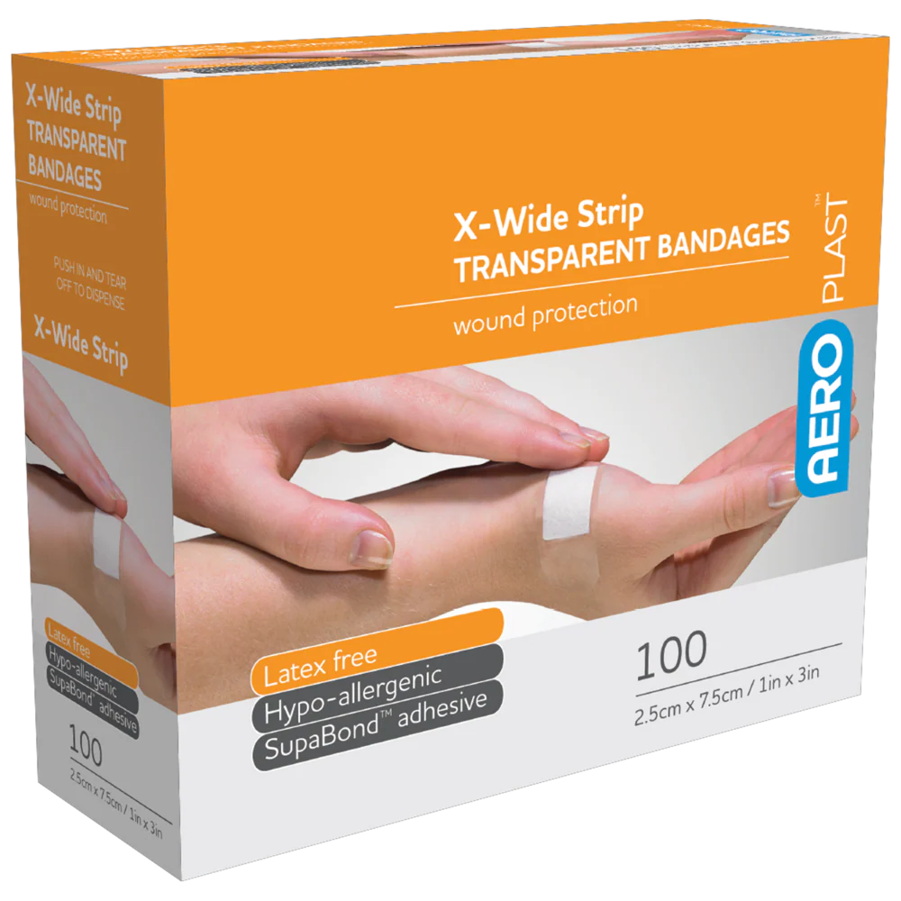 AEROPLAST Transparent X-Wide Strip 7.5 x 2.5cm Box/100 Min order x 12