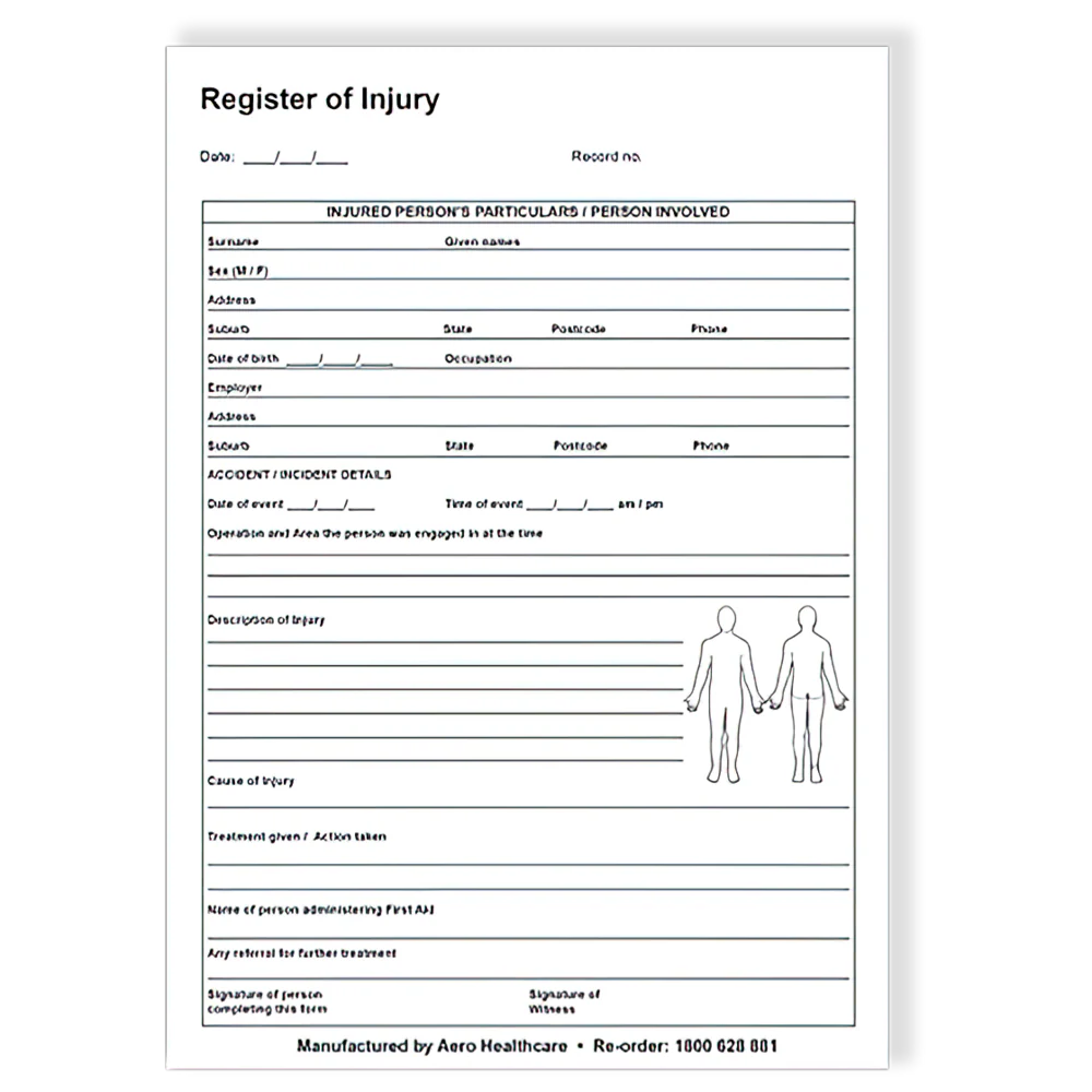 AEROSUPPLIES A5 Register of Injuries Duplicate Pad (25 pages) (Box of 10)